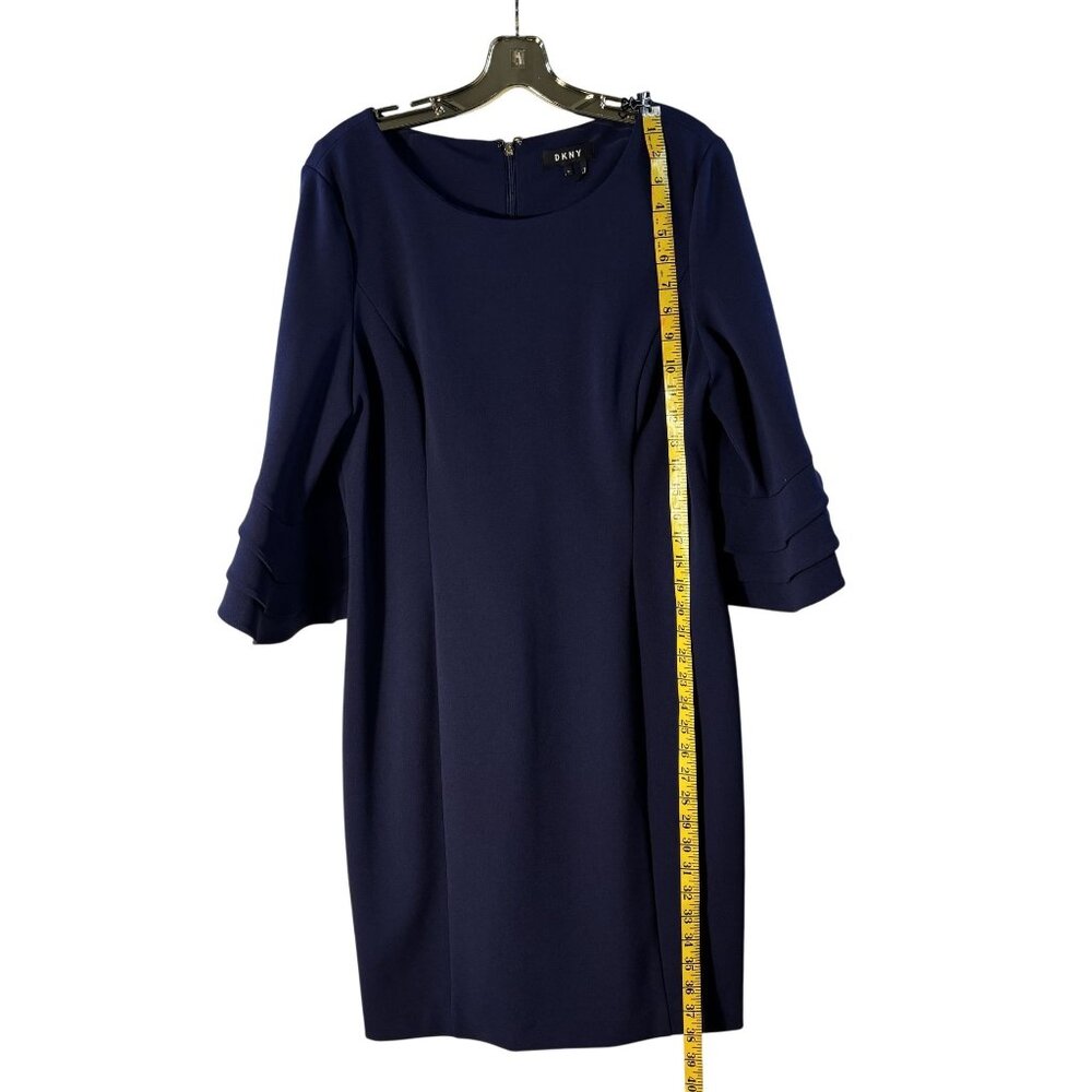 DKNY Navy Blue Bell Sleeve Sheath Dress With Tiered Ruffle Detail Zipper Closure - Picture 6 of 8